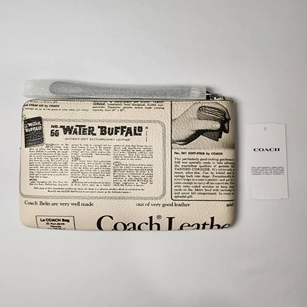 NWT COACH CDE80 Heritage Large Corner Zip Wristlet Newspaper Print v2